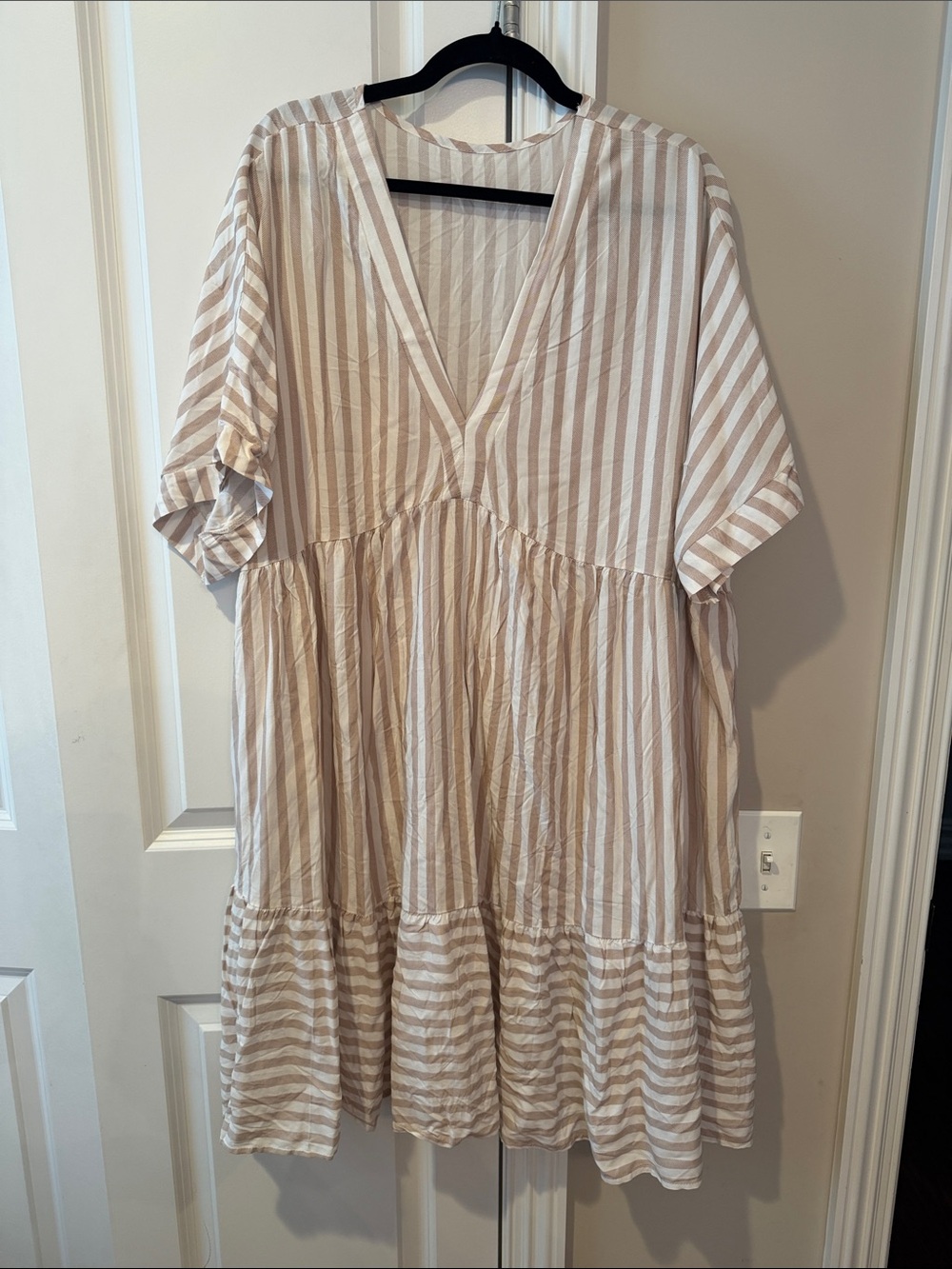 SHEIN Cream & White Striped V-Neck Tiered Dress